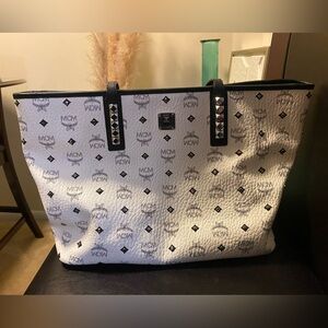 MCM Black and White Studded Tote Bag